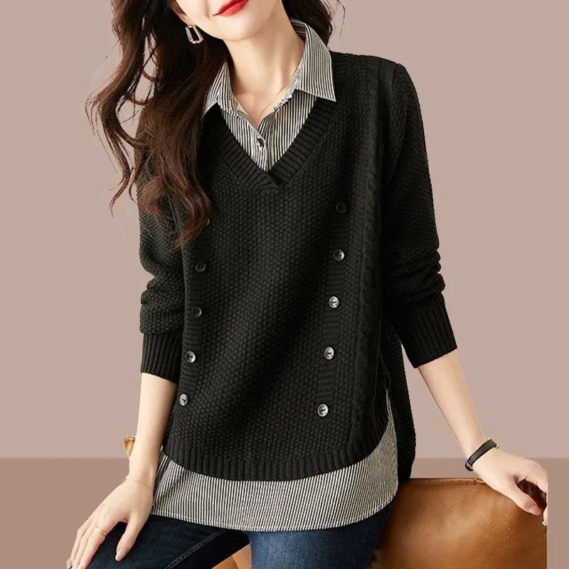 Damen Zweiteiliges Oberteil Strickpullover Spleiß Hemdkragen Frühling Herbst Koreanisch Locker Langarmpullover Damenpullover