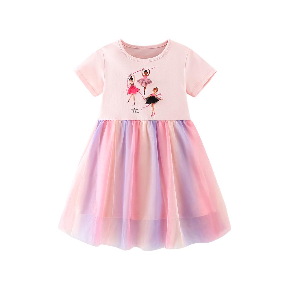 26-year Spring/Summer Kids' Rainbow Mesh Dress - Sweet Print, Round Neck, Short Sleeve, In Stock