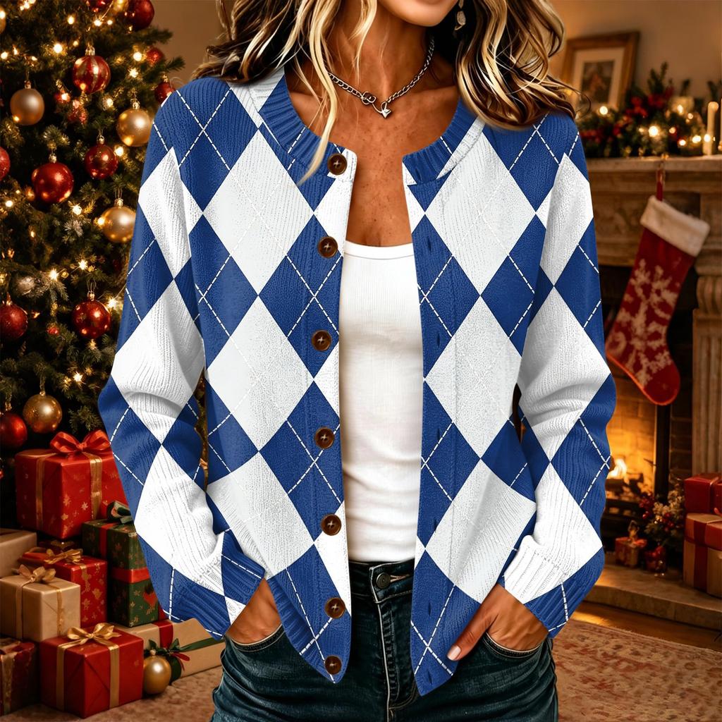 Women's Casual Plaid Print Long Sleeve Button Front Knit Cardigan Sweater for Fall and Winter