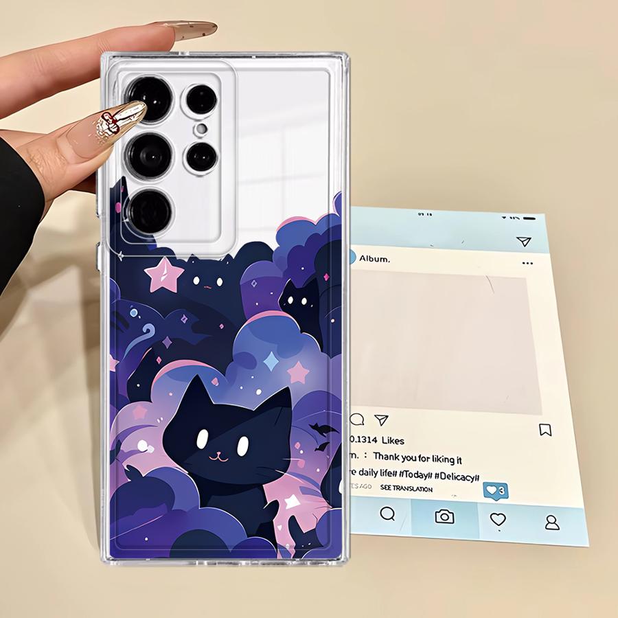Phone Cover Case for Samsung Galaxy Note 20 Ultra 10 S23 Ultra S22 FE S26 S21 S24 S20 Plus S25 Edge Black Cat Starry Night