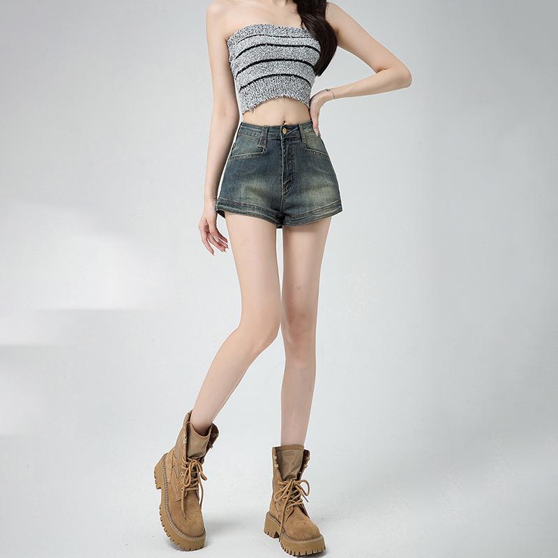 Retro Distressed High-Waist Denim Shorts for Petite Women