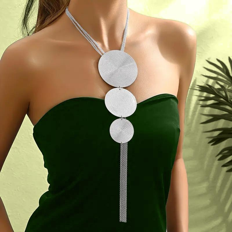 disc beating pattern necklace, long tassel creative design necklace, sweater chain