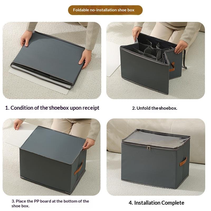 Foldable Fabric Shoe Storage Organizer 12 Grids Clear Lid Zipper Closure Easy Carry Handle for Space Saving Organization