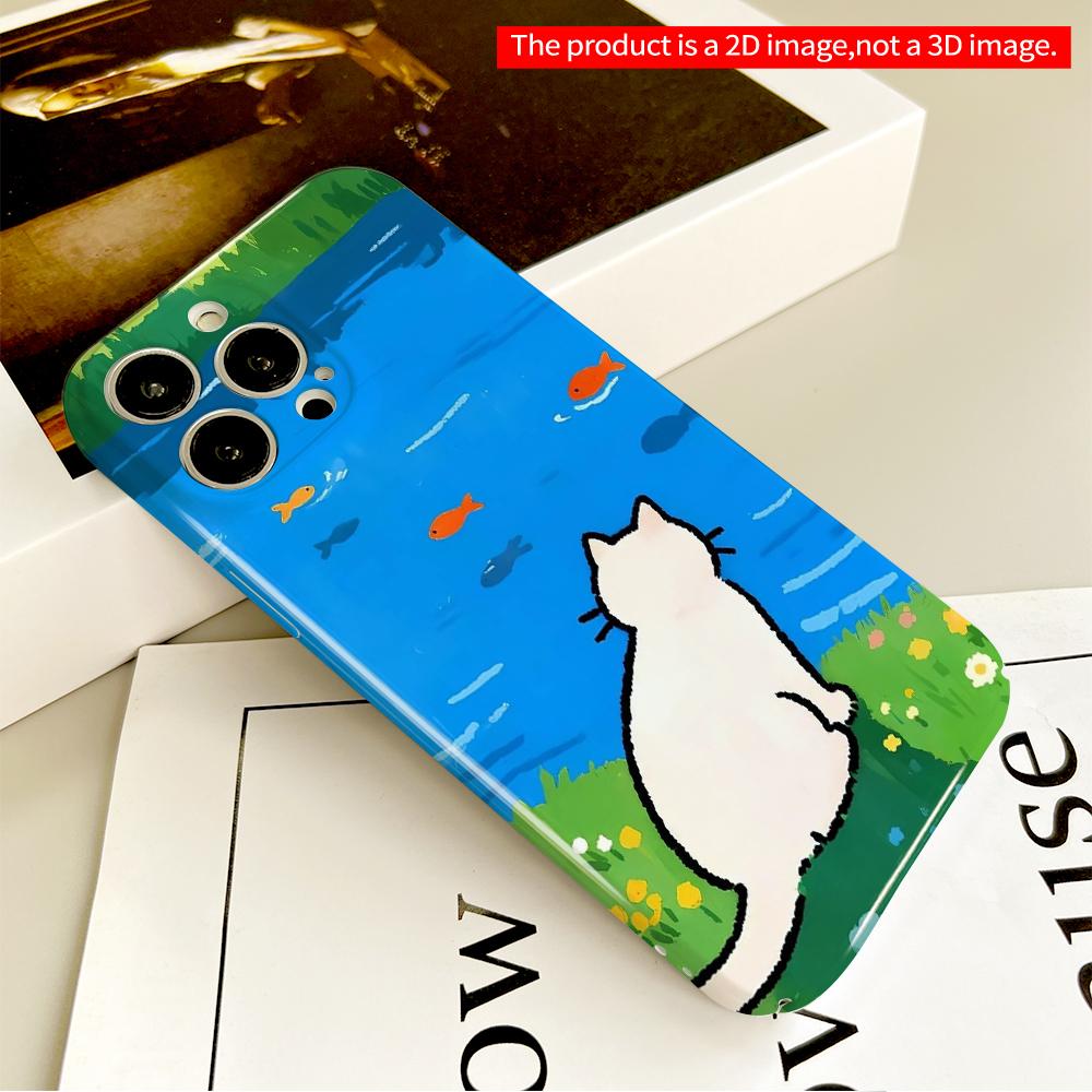 White Cat Watching Fish by the Lake All Inclusive Film Hard Phone Case, Compatible with iPhone 18 Pro Max 17 16 15 14 13 12 11