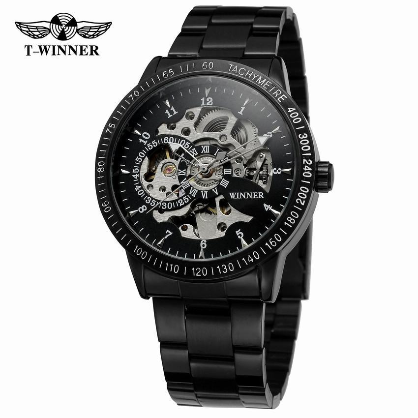 Herren Stahlarmband Modeuhr Winner Mechanische Uhr, Blaues Glas Skelett Automatische Mechanische Uhr