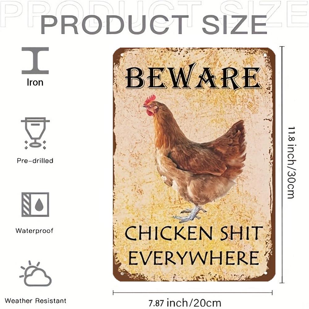 

Vintage Funny Farm Sign Beware of Chicken Shit Everywhere Rooster Wall Art HeavyDuty Metal Decor for Coop Barn Kitchen 20x30cm（7.8x11.8inch）