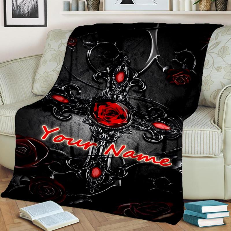 1PC Custom Name Gothic Cross Romance blanket versatile,all-season throw suitable for the living room,bedroom,camping,travel,and gift