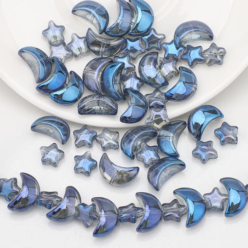 Moon and Star Glass Beads Set: Iridescent DIY Bracelet & Necklace Kit