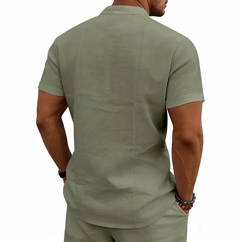 Men's Linen‑Blend Lace‑Up Stand‑Collar Shirt, Crisscross Tie Front V‑Neck, Short Sleeve, Breathable Relaxed‑Fit Medieval Renaissance Casual Summer Top