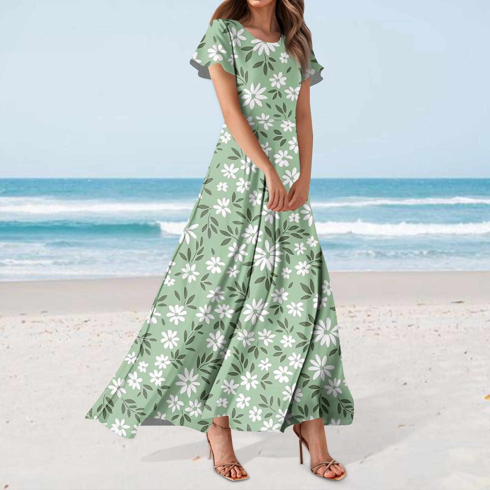 

Женское повседневное платье с гавайским принтом, круглым вырезом, короткими рукавами и высокой талией M розовый