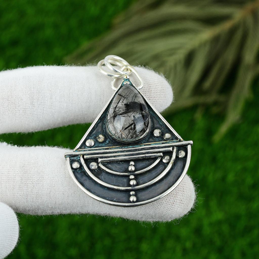 Natural Black Rutile Gemstone Pendant 925 Sterling Silver Jewelry For Girls