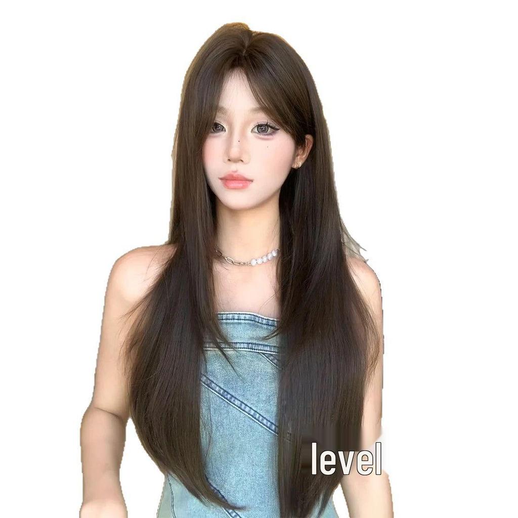 Korean Style Women's Long Layered Straight Wig - Gentle, Sweet, Face-Shaping Middle Part