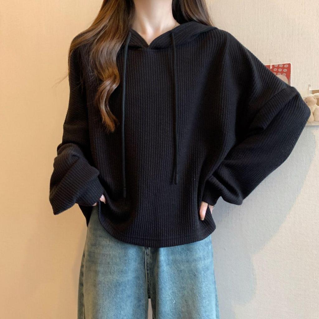 Women's Plus Size Ribbed Hooded Long Sleeve T-shirt - Autumn Loose Fit, Slimming, Stylish Top