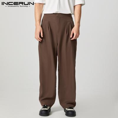 Men Zipper Button Waist Casual Loose Baggy Long Wide Legs Pants Trousers