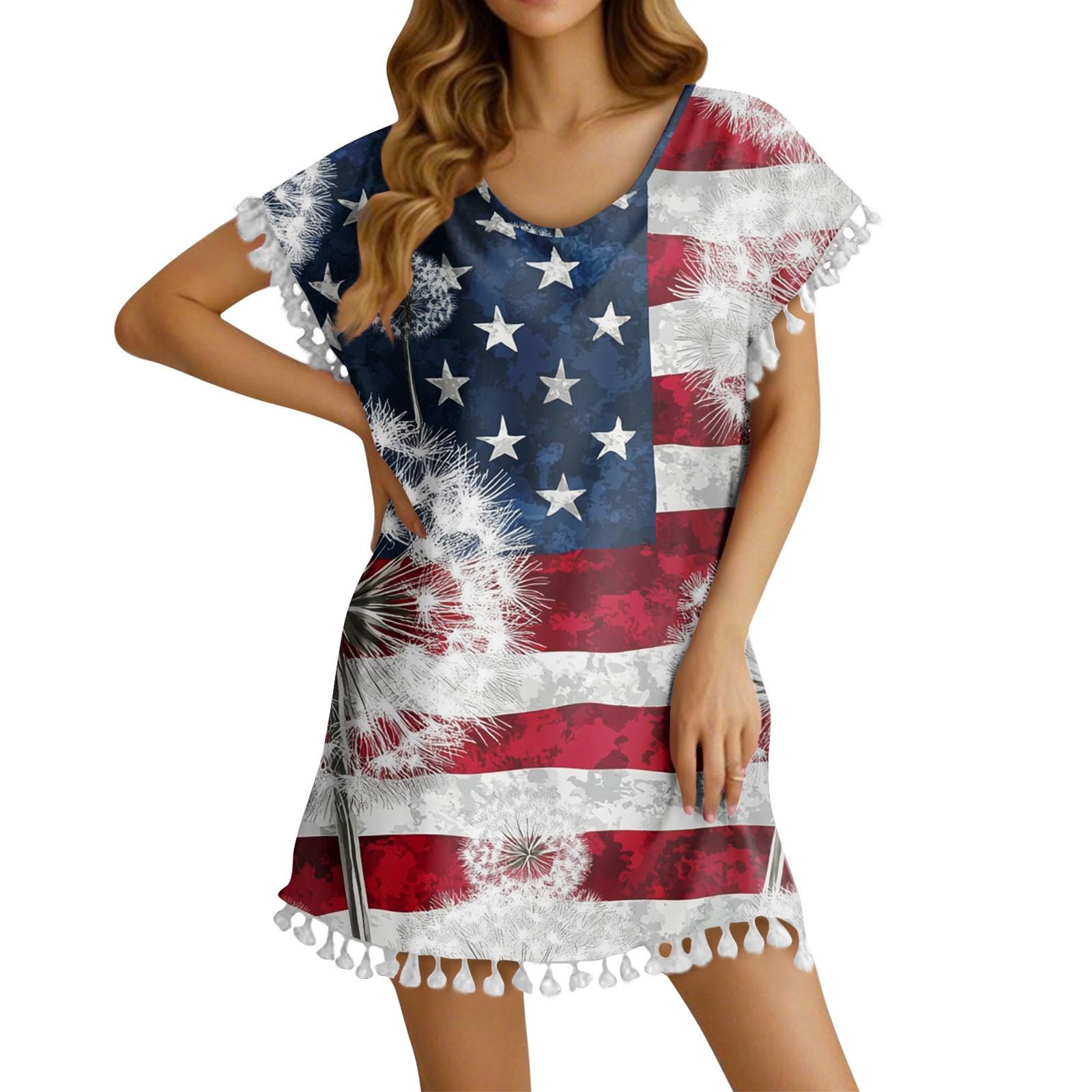 

Women s Fashion Casual Round Neck Sleeveless Fringe Independence Day Print T-shirt Dress XXL винний