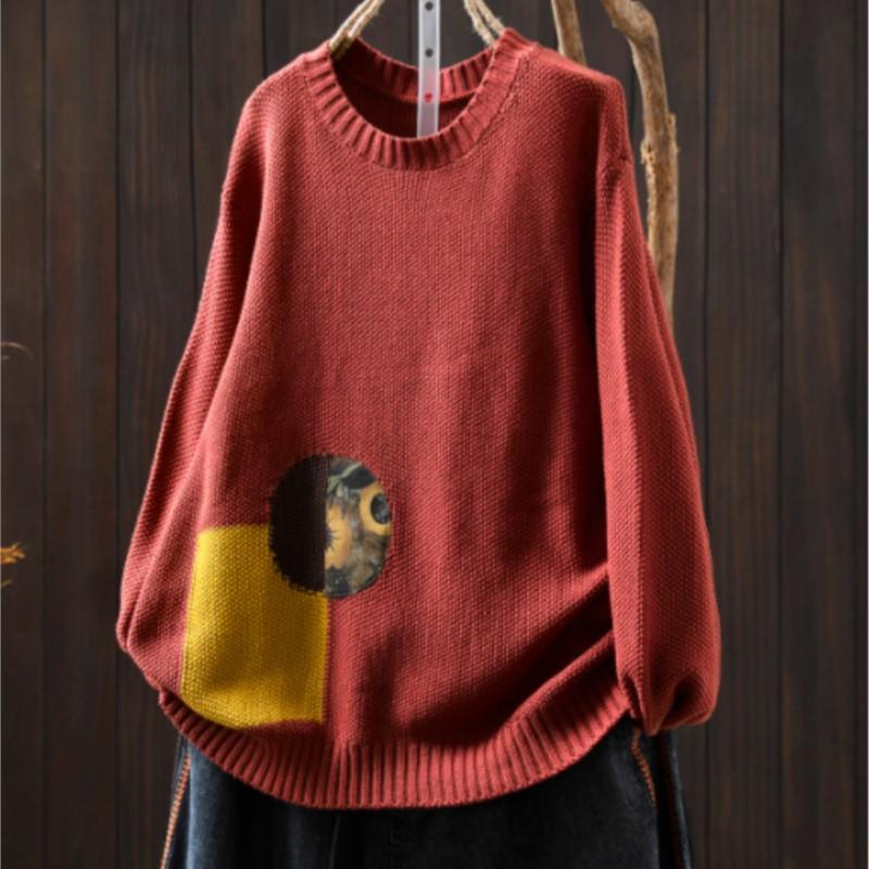 

Johnature Женские винтажные пуловеры в стиле пэчворк, однотонные, с круглым вырезом, с длинным рукавом, вязаные вещи, осенние свитера One Size