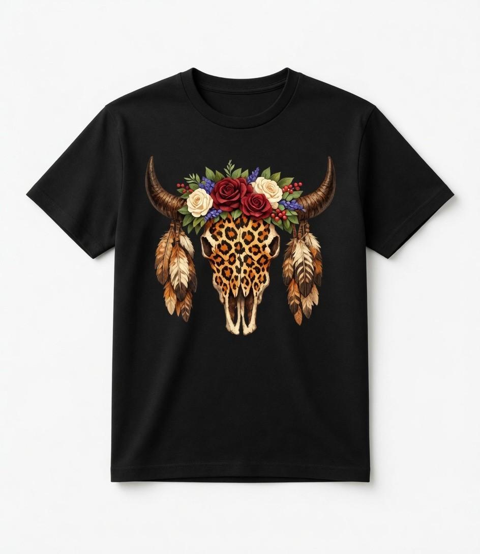 Leopard Bull Skull Floral Boho Western Country Graphic Tee S