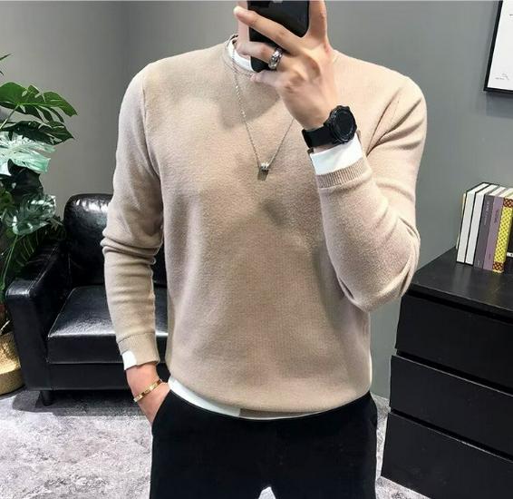 Men s Trendy Fake Two-Piece Sweater, Autumn/Winter Business Casual Round Neck Pullover XXXL абрикосовый