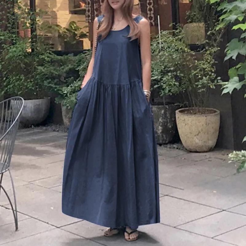 Letní dámské šaty bez rukávů, volné, áčkového střihu, džínově modré, ležérní, s kulatým výstřihem, plisované, na dovolenou, na pláž, ležérní šaty, street wear