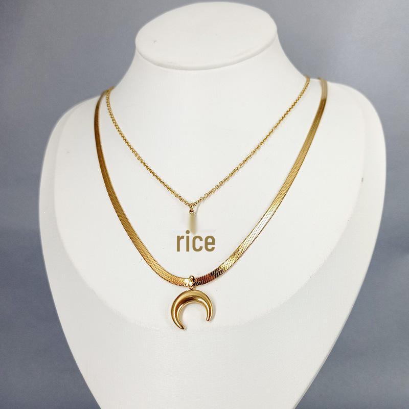 Gold-Plated Double Layer Moon & Star Pendant Necklace for Women, Personalized and Colorfast Titanium Steel, Hip Hop Style.