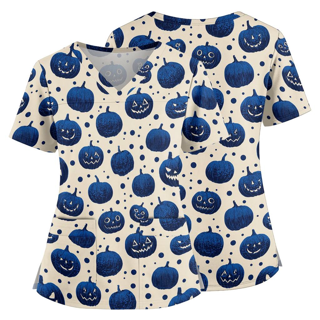 Women V Neck Short Sleeve Scrub Top with Halloween Pumpkin Print Side Slit and Pockets for Uniform