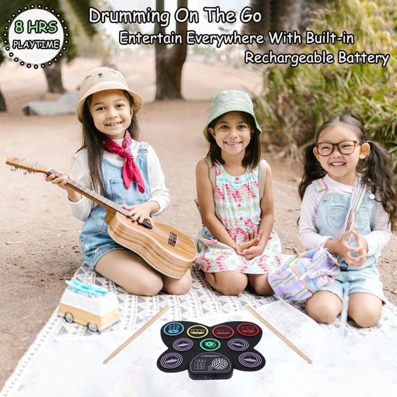 Elektronische Schlagzeugsets 9 Pads Rollbares Übungsschlagzeug mit eingebautem Lautsprecher Kopfhörer-USB-Anschluss für Kinder, Erwachsene, Anfänger