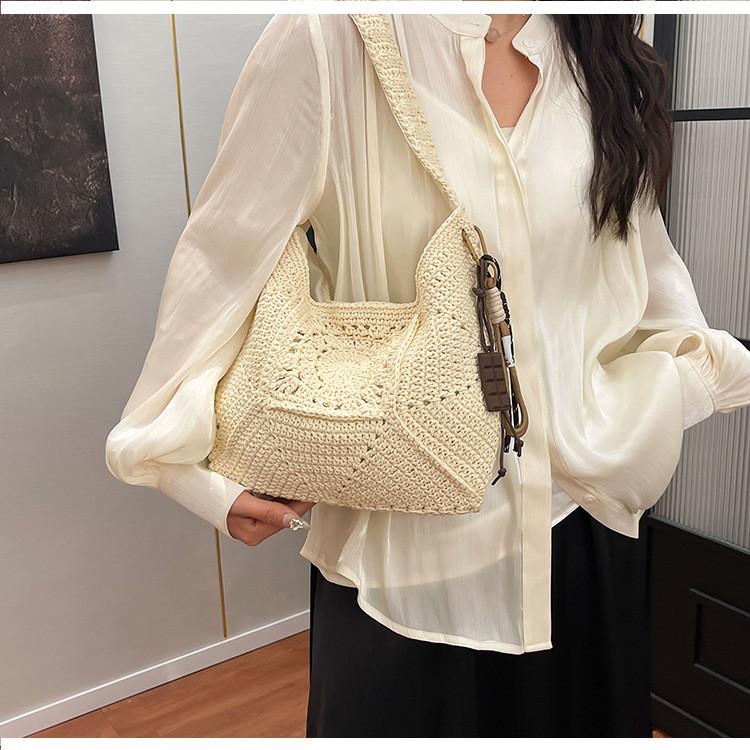 Cotton Rope Tote Bag With Hollow Splicing For Casual Day Use