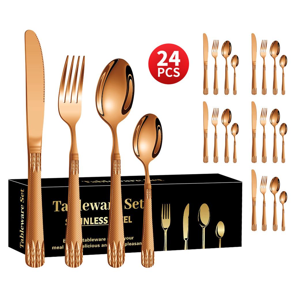 Stainless Steel Embossed Handle Western Food Hotel Tableware Knife, Fork and Spoon Dessert Spoon 24 Pieces Suit