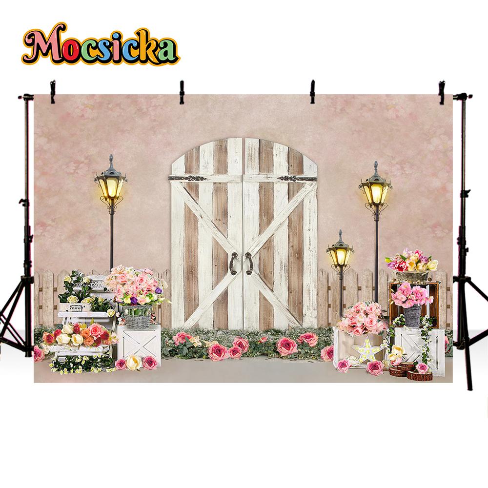 Mocsicka Spring Flower Photography Background Garland Newborn Portrait Baby Show Easter Theme Wooden Door Birthday Party Banner