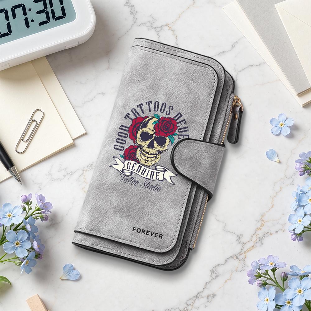 Skull Rose Pattern Long Wallet Multi Card Slot Coin Purse