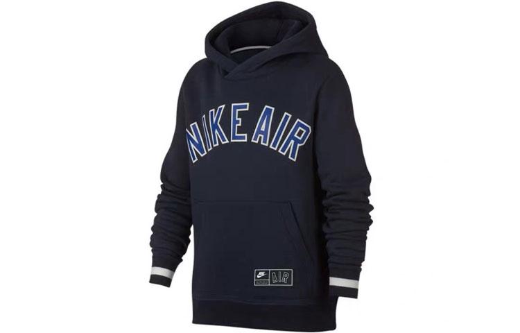 Nike Sweatshirt Air Letter Print Multicolor Fleece Lined Long Sleeved Hooded Navy Blue Kids  AQ9418-451 M