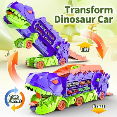 Radish Transport Dinosaur Truck with Foldable Sliding Race Track Transforms Into Standing T-rex Birthday Gifts Toys Boys Girls