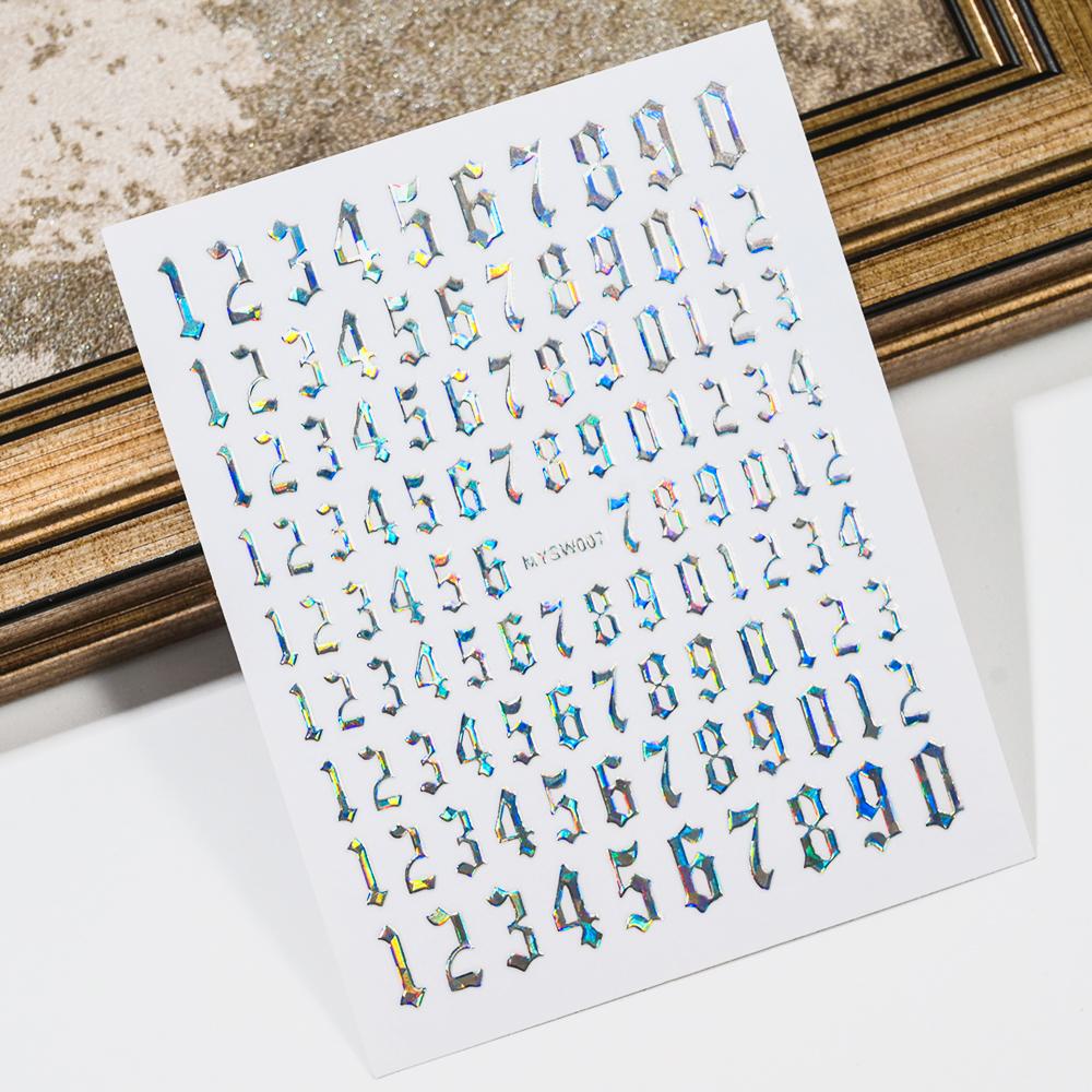 3D(0-9) Numbers Nail Sticker Black White Gold Silver Retro Numbers Nail Decals 8*10 Self-Adhesive Personalized Letter Nail Decor