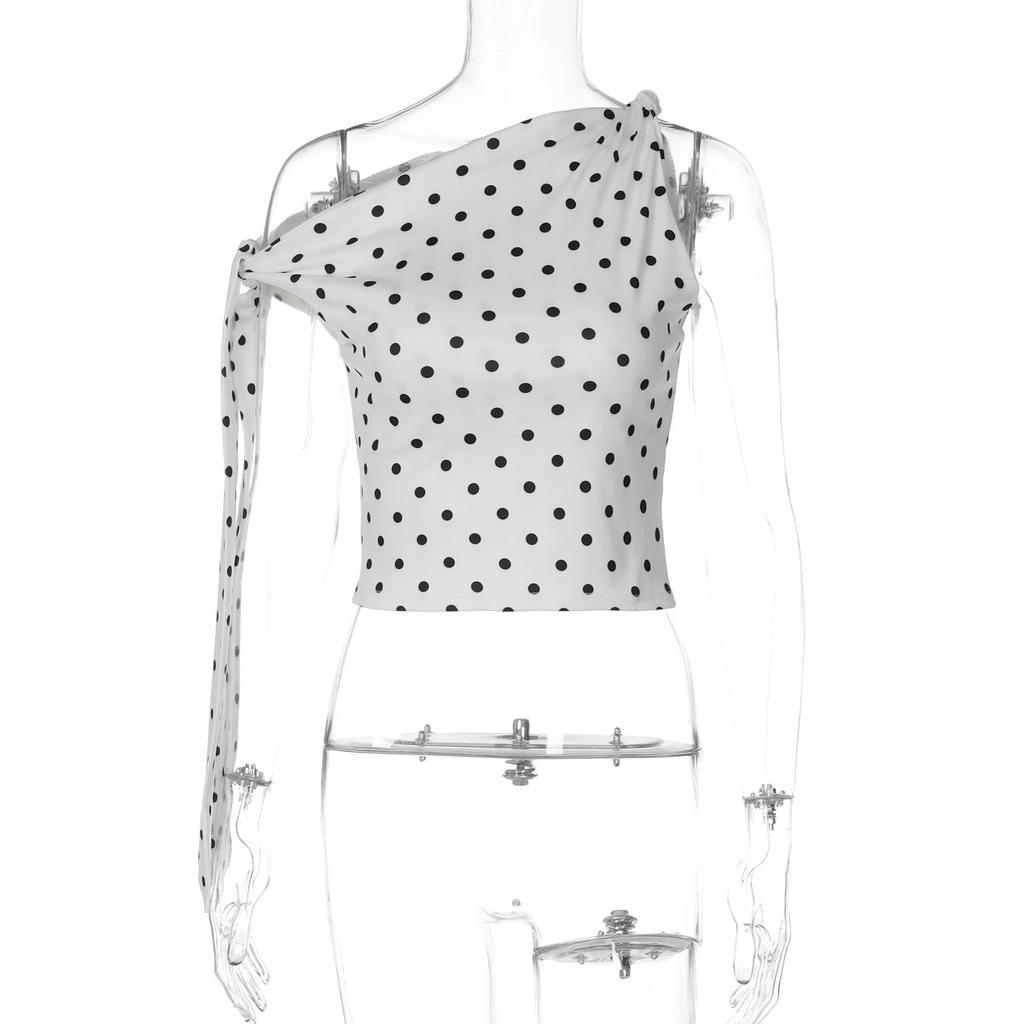 Europe and the United States hot-selling women's clothing summer new fashion Spice Girls polka dot oblique collar tie T-shirt top wholesale