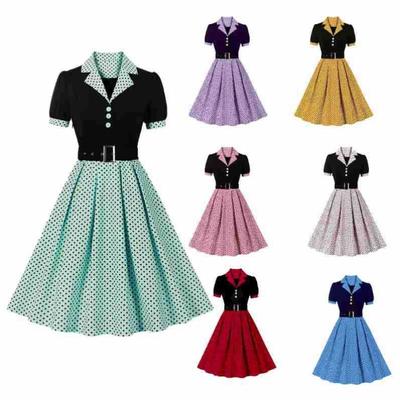 Women's Commuter Literary and Retro Polka Dot Short-sleeved Lapel Dress with Belt