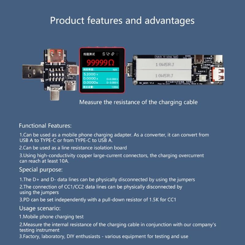 USB C Diagnostic Tool for Voltage and Current Measurement Wire Resistance Gauge Low Resistance High Efficiency Charging