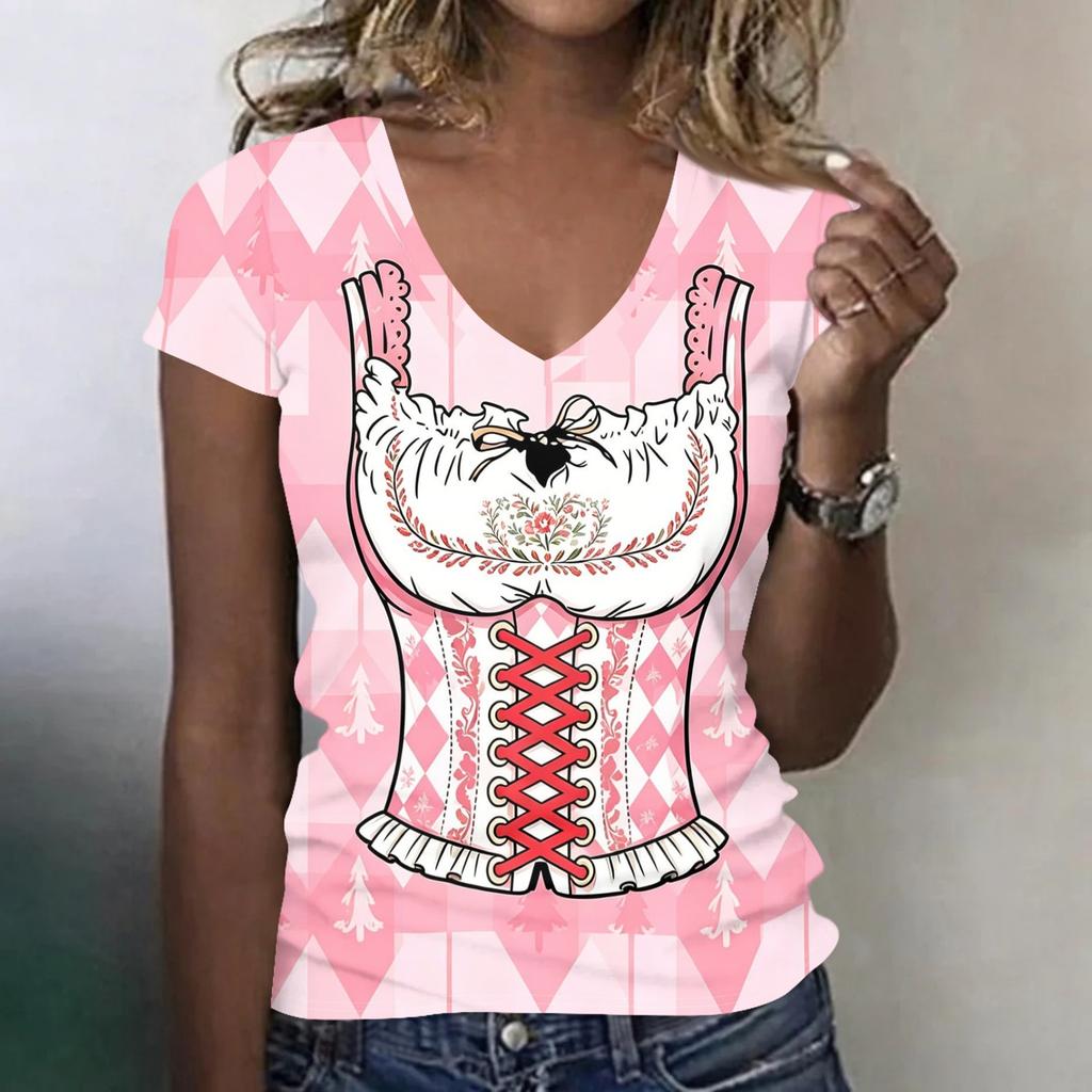 Camiseta Casual de Manga Corta con Cuello en V para Mujer Estampado Oktoberfest Top Tejido Ligero y Transpirable Camiseta de Corte Holgado para Uso Diario