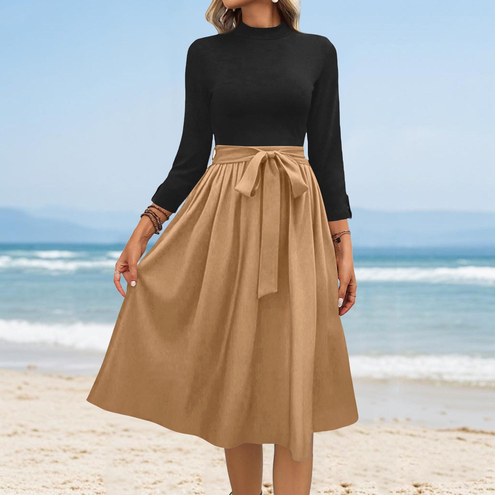 

Women s Fashion Casual Belt Seven Sleeve Round Neck Solid Color Temperament Dresses S хакі