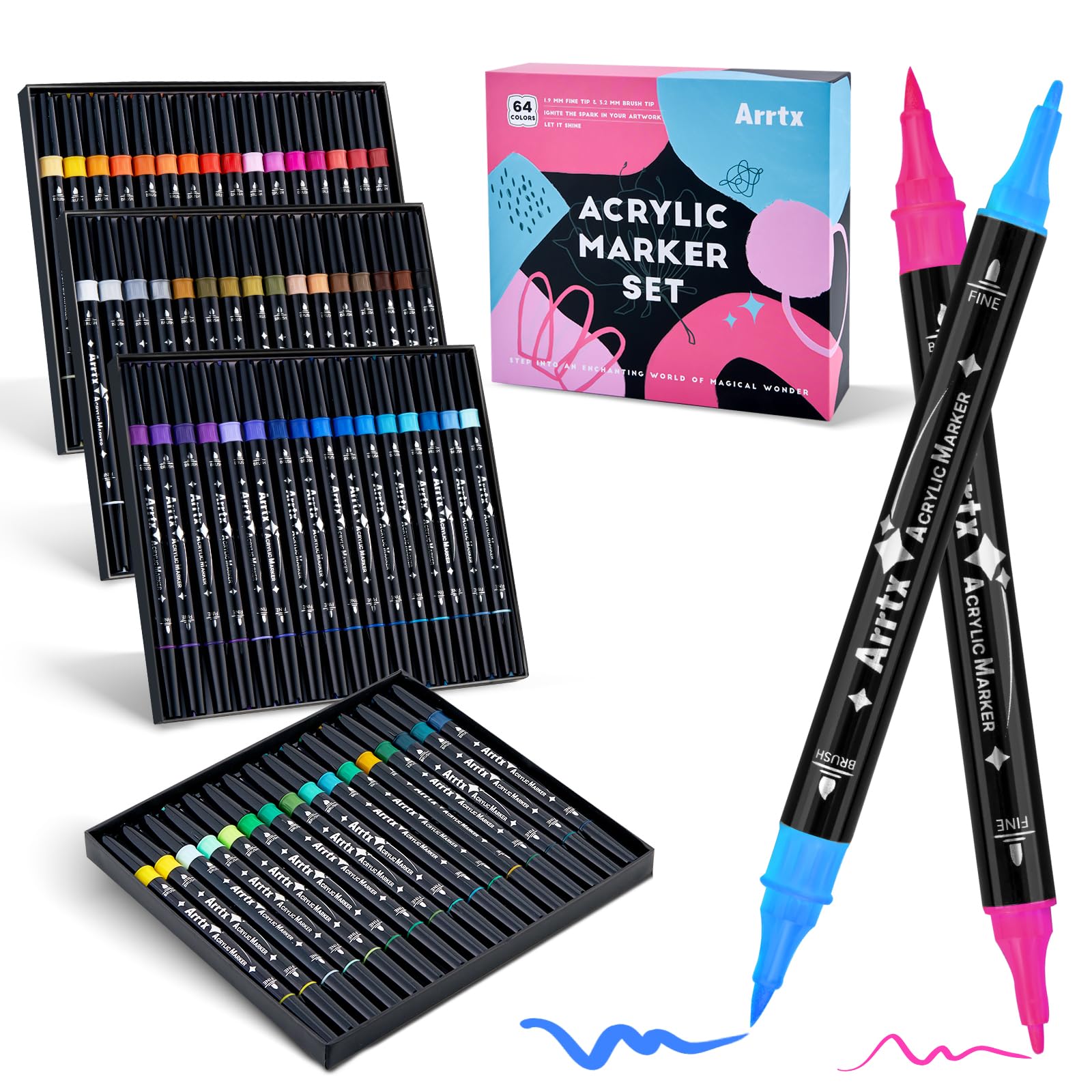 

Arrtx Acrylic Paint 64 Dual Tip Acrylic Paint Pens for Rock Card DIY and Calligraphy Markers, Colors, Painting, Wood, Ceramic, Fabric, Glass, Canvas,