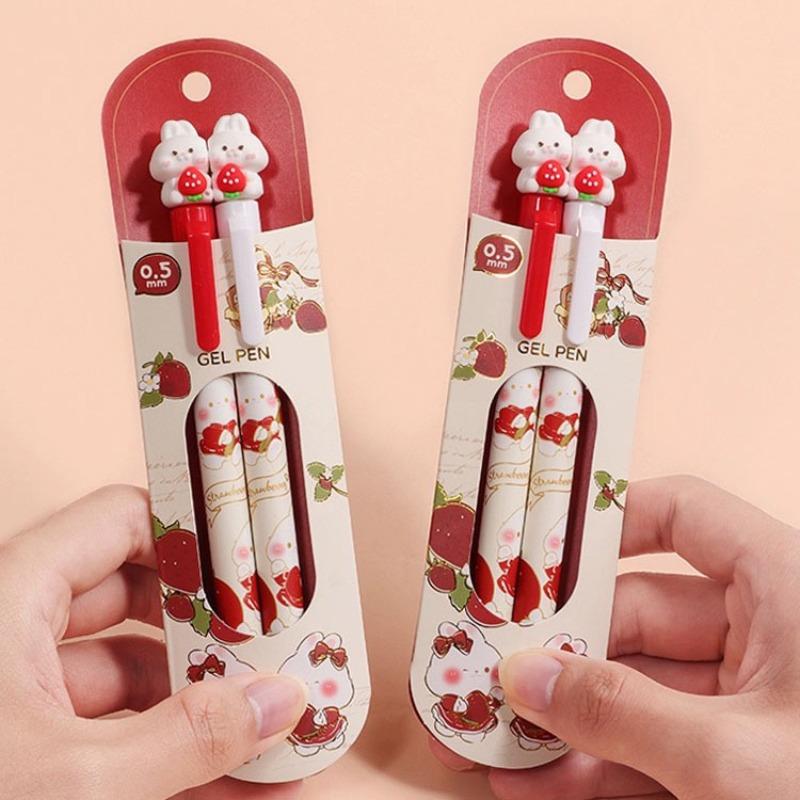2 ks/sada Kawaii Králíček Jahoda Sada per Estetická Gelová pera s tlačítkovým mechanismem 0,5 mm Černý inkoust Roztomilé Studentské potřeby Hladké psaní