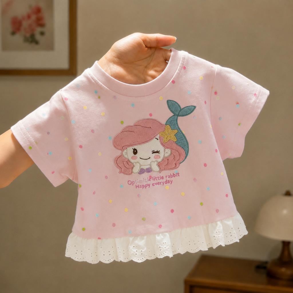 Cute Girls Mermaid Princess Polka Dot Short Sleeve T Shirt Summer Baby Top