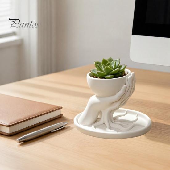 Natural Literary Style Tabletop Decor 3D Printed Palm Shaped Succulent Planter with Drainage Tray, Holding Indoor Desktop Flower Container Mini