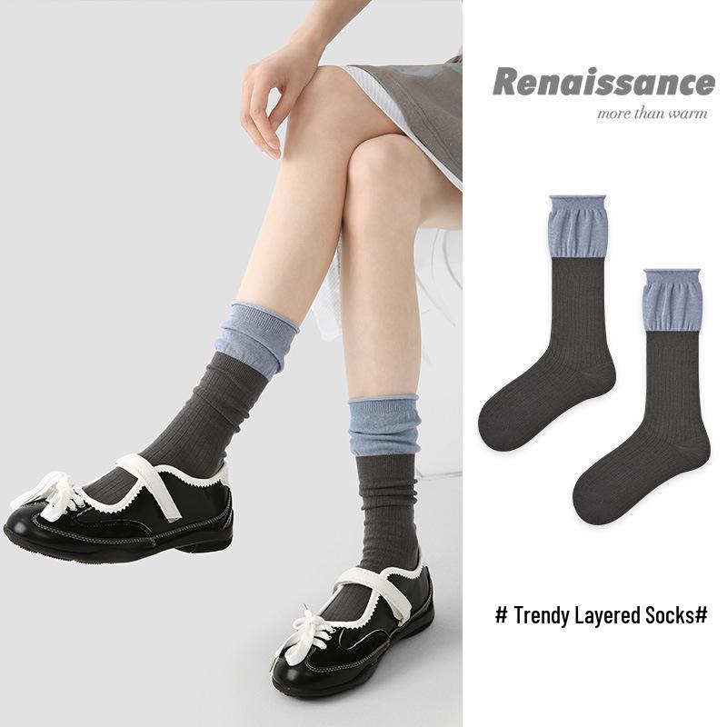 Renaissance Women's Blue-Gray Color Block Mid-Calf Socks - Autumn Winter, Bone-Free, Simple Style