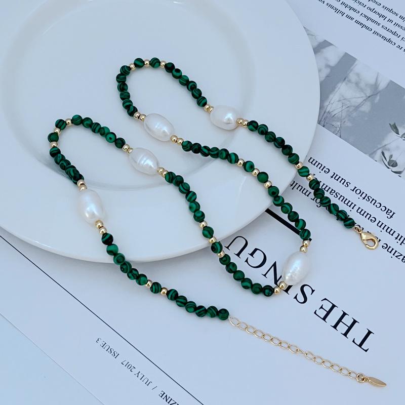Luxury Commute Green Malachite Natural Baroque Pearl Beaded Bracelet Necklace