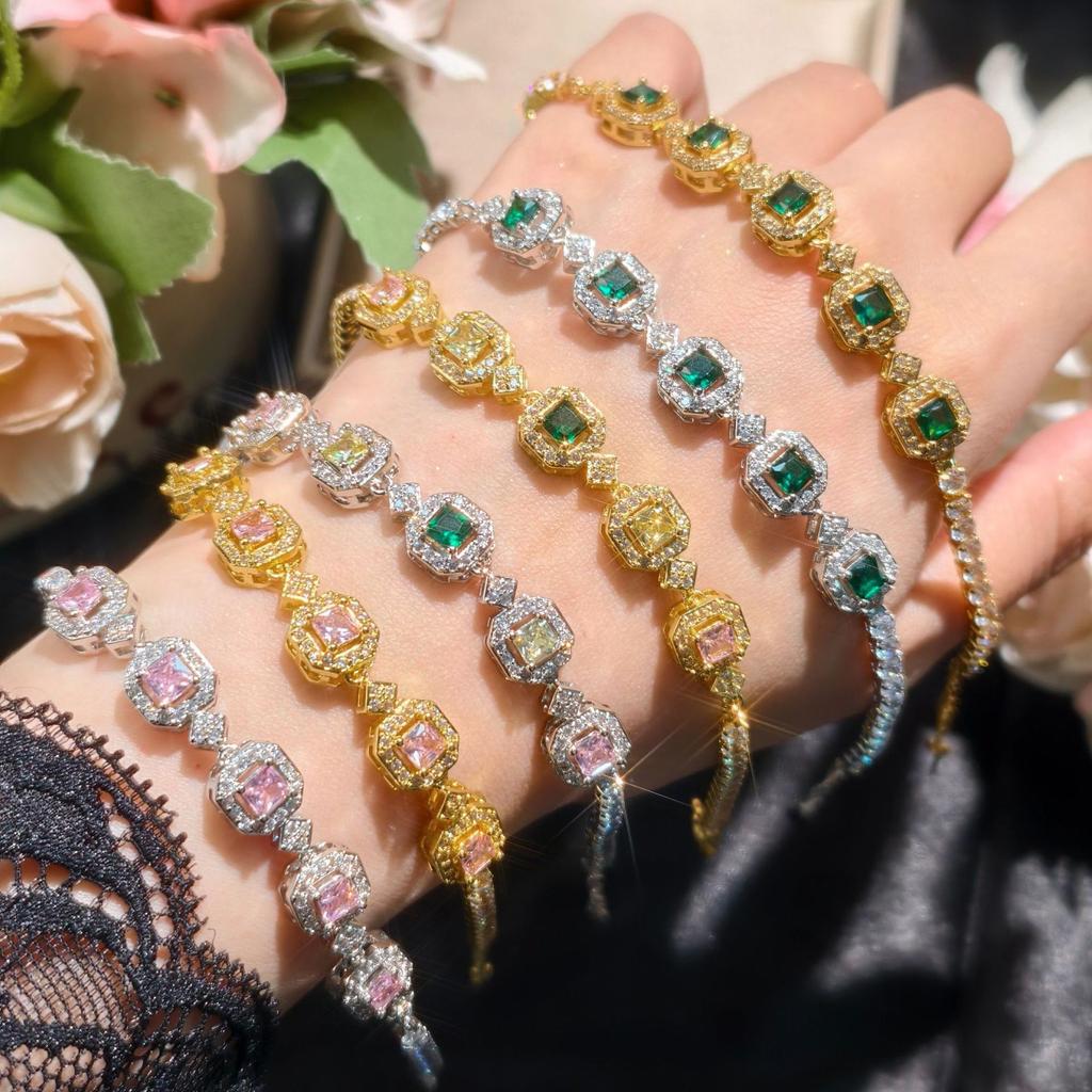 High-end Simulation Color Tourmaline Princess Square Full Diamond Bracelet Femininity Fashion Jewelry