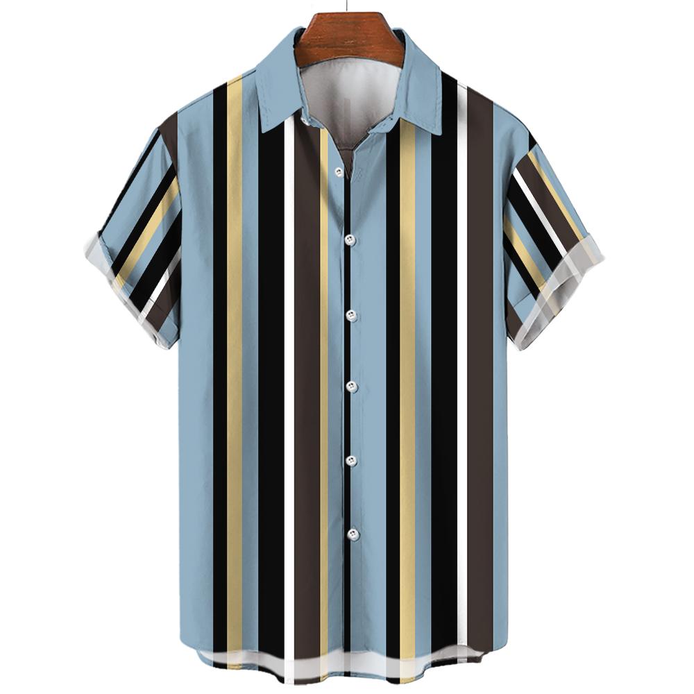 Men's Summer Stripes Casual Shirt Hawaiian3d Print Short Sleeve Beachwear Vacation Fashion Social Lapel Button Oversized Clothing