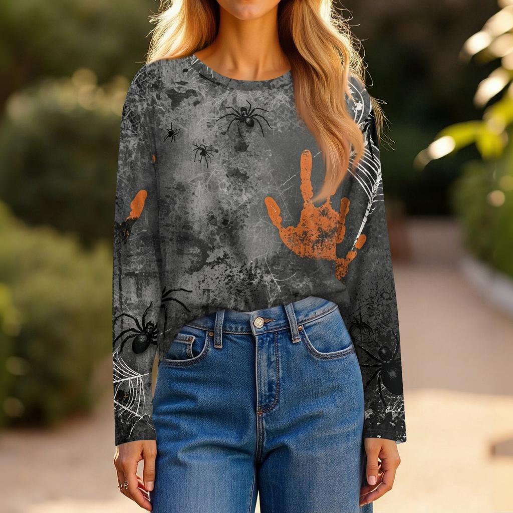 Women's Halloween Print Long Sleeve Top - Casual Pullover with Split Hem, Fun Holiday Design for Parties and Daily Wear