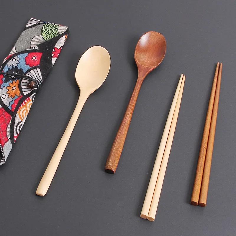 Wooden Cutlery Sets With Spoon Fork, Environmentally Friendly, Travel Portable, Tableware, Chopsticks, Cloth Bag