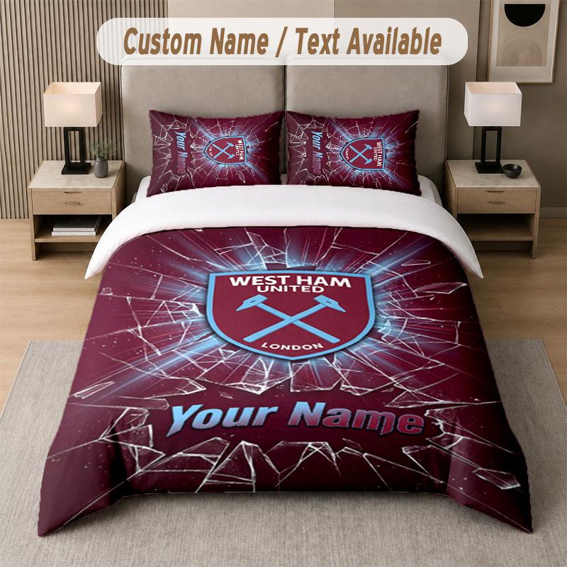 Custom Bedding Set West Ham United FC Pattern, Print Name Text 1 Duvet Cover plus 2 Pillowcases Home Textile