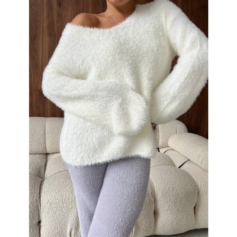 

Autumn and winter V-neck imitation mink knitted sweater women s WISH fashion solid color long-sleeved women s sweater top S белый